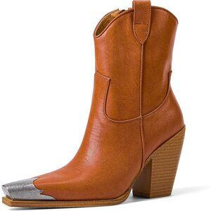 Women's Orange Engraved Steel Toe Cowgirl Boots Stacked Block Heels Short Boots